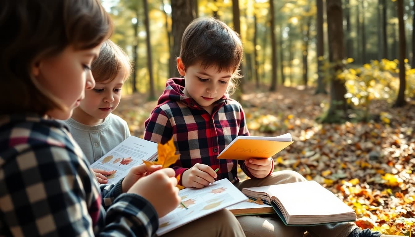 A New Hampshire homeschool family doing fall leaf study in a forest with field guides and notebooks