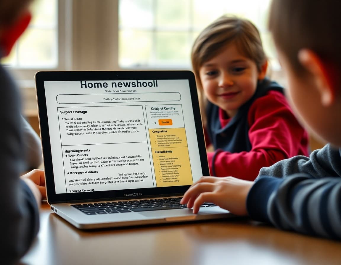 New Jersey homeschool newsletter on a laptop showing subject coverage summaries and upcoming events