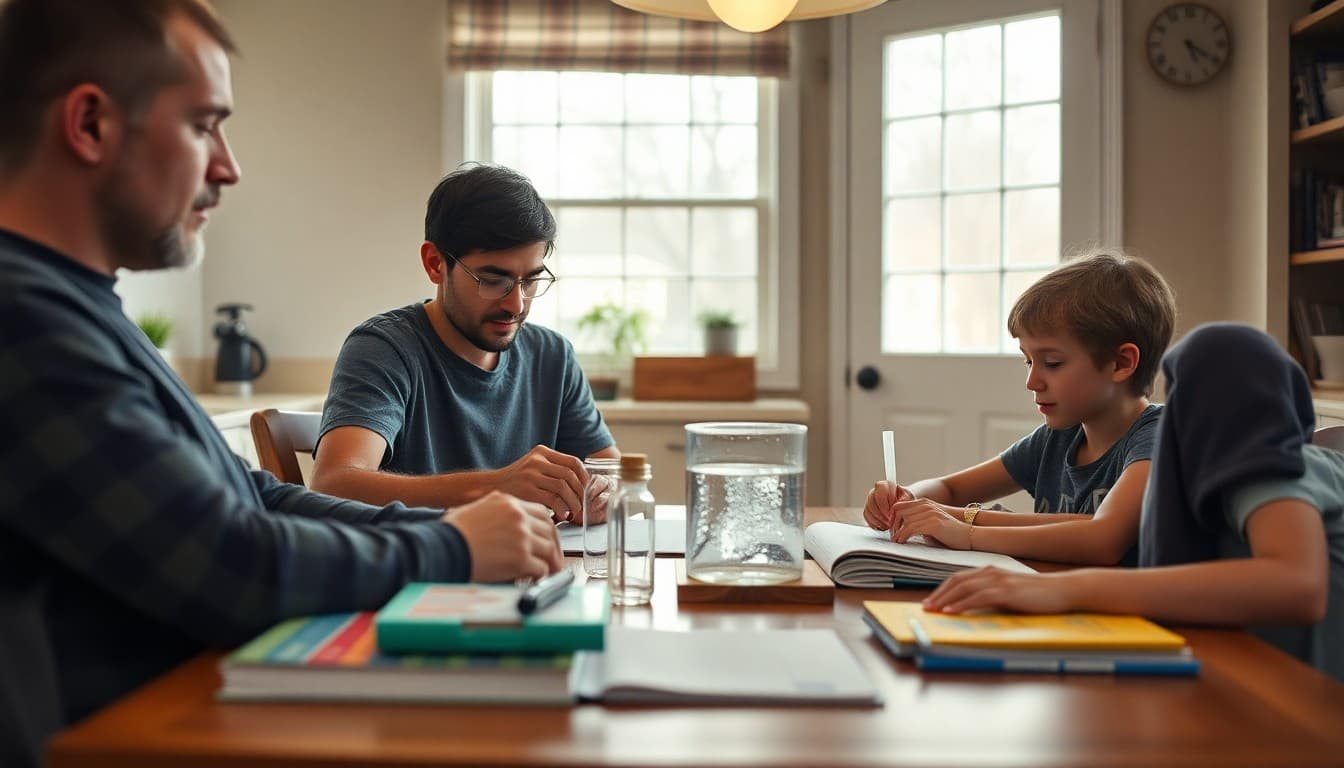 A New Jersey homeschool family at a kitchen table with curriculum books and a student science project