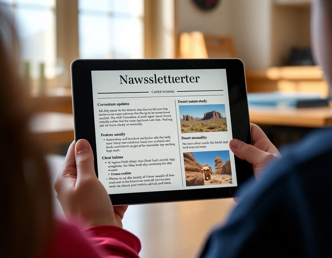 Nevada homeschool newsletter on a tablet showing curriculum updates and desert nature study entries