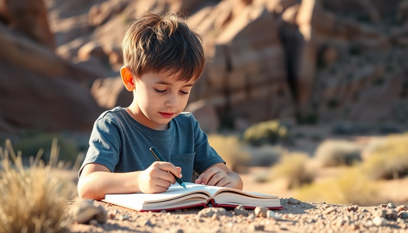 A Nevada homeschool student studying geology near desert rock formations with a field notebook