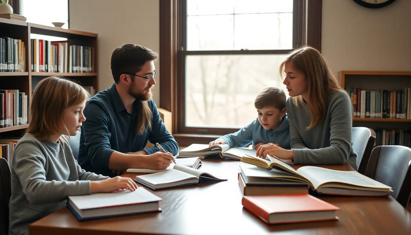 A New York homeschool family at a library table near a window with notebooks and textbooks spread out