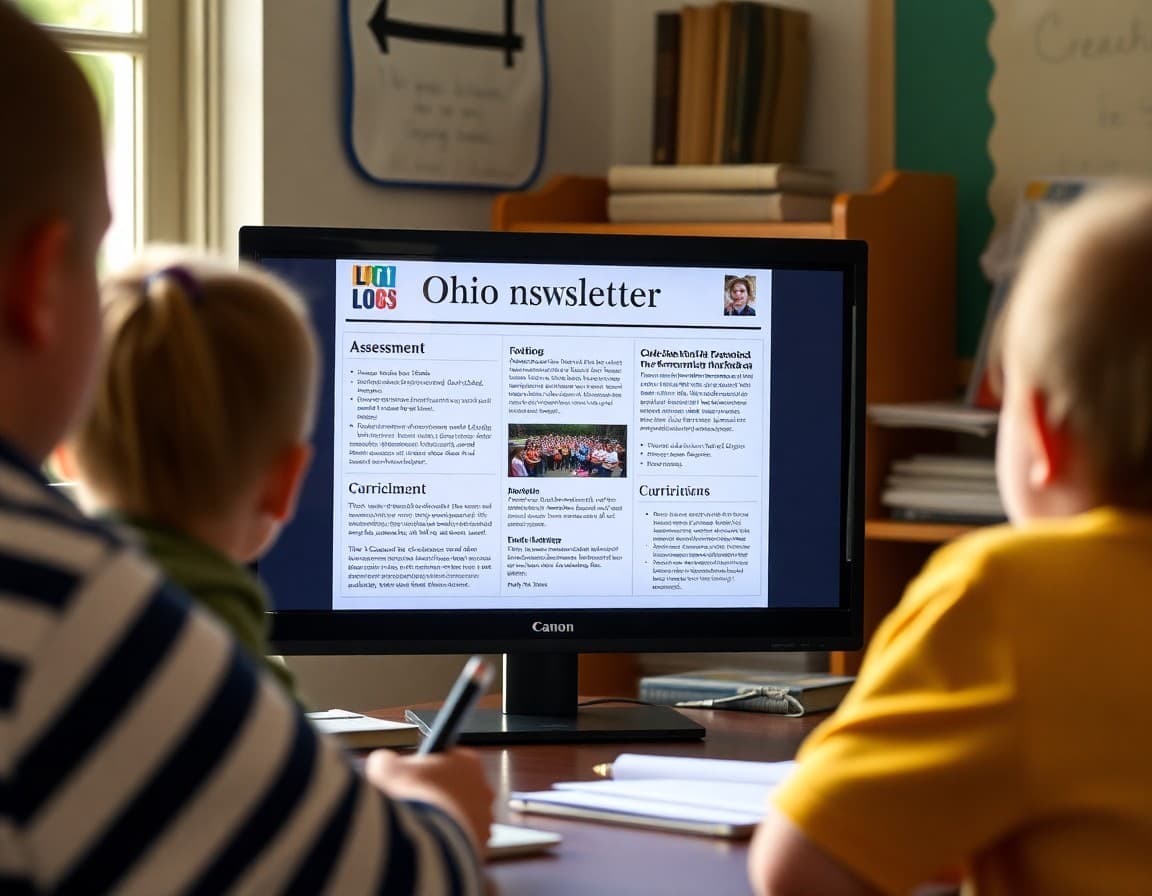 Ohio homeschool newsletter on a screen showing assessment documentation and curriculum highlights