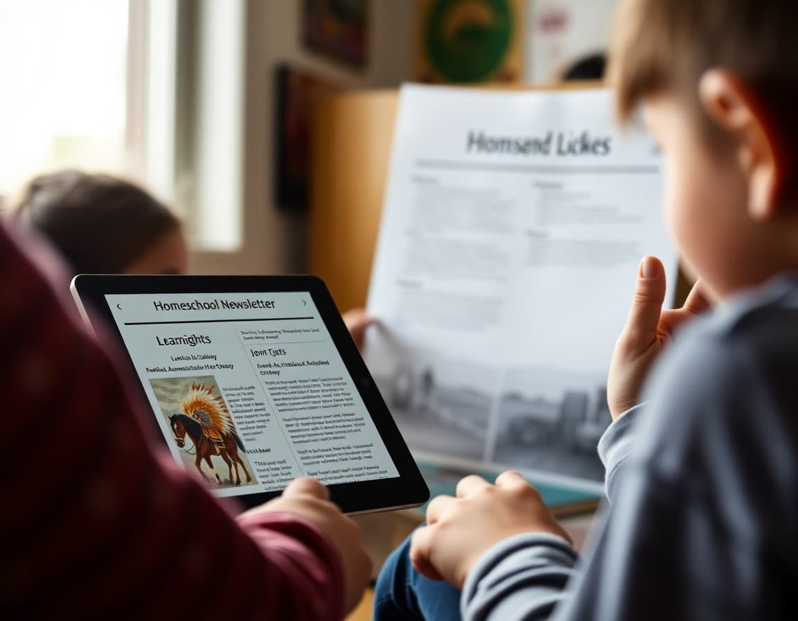 Oklahoma homeschool newsletter on a tablet with learning highlights and Native American history study entries
