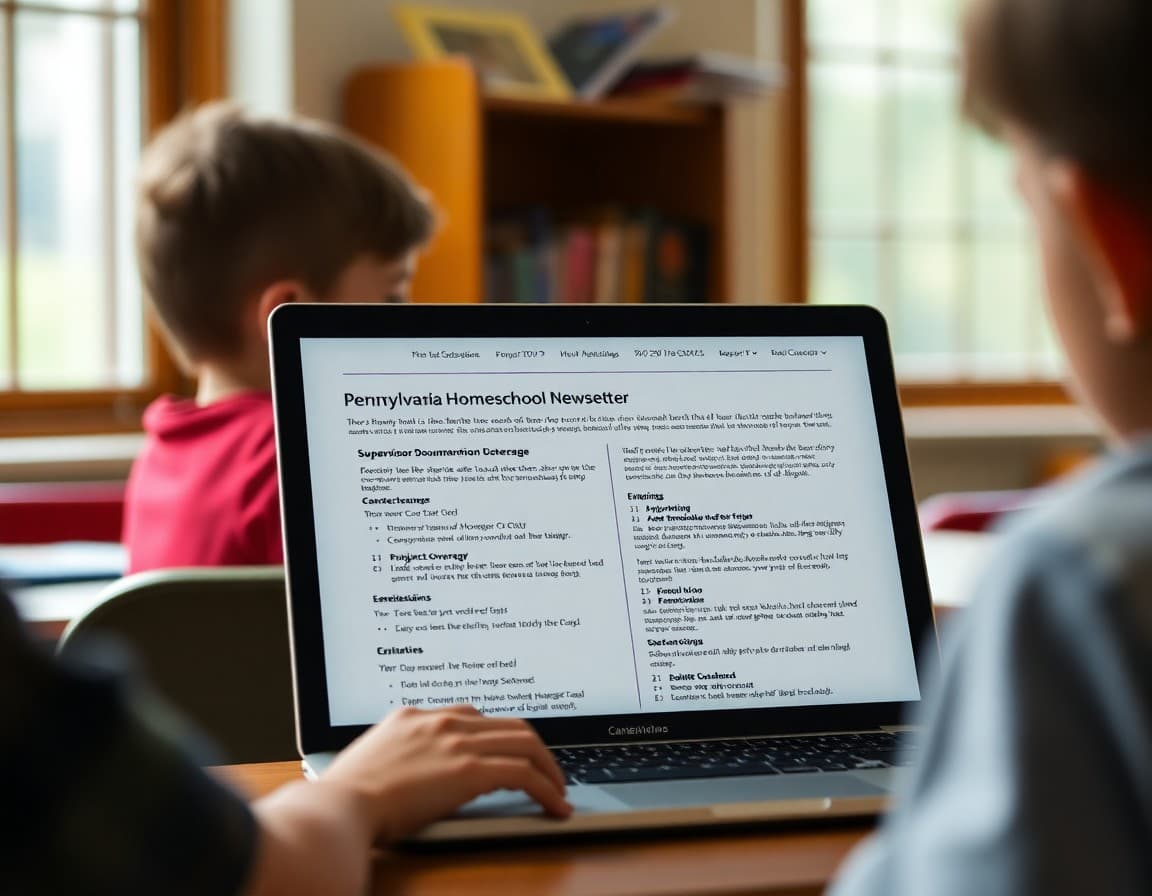 Pennsylvania homeschool newsletter on a laptop showing supervisor documentation and subject coverage entries