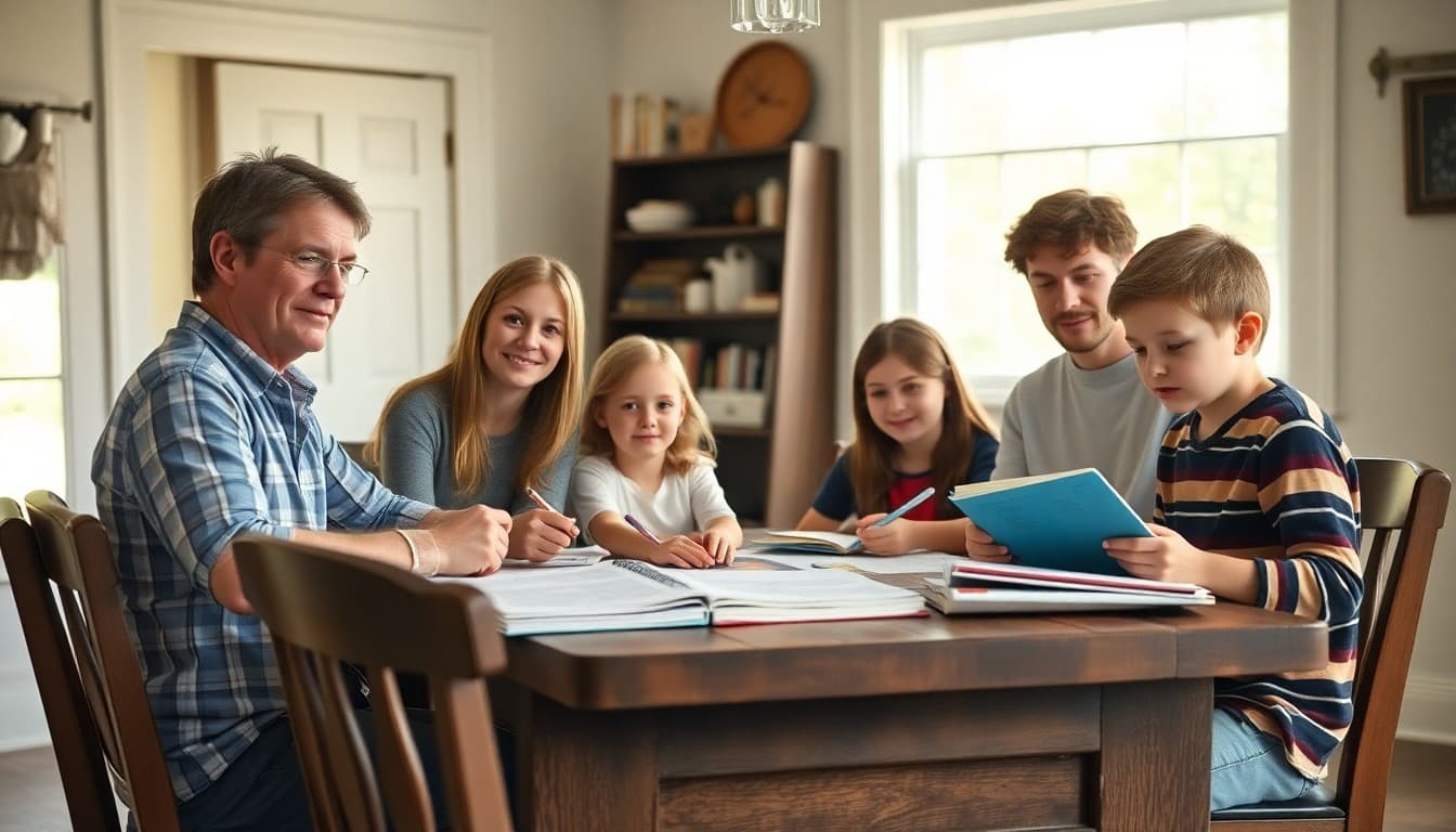 A Pennsylvania homeschool family at a farmhouse table with student portfolios and curriculum materials