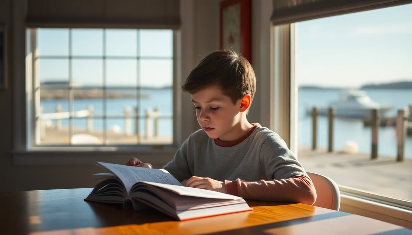 A Rhode Island homeschool student reading at a table near a New England coastal waterfront view
