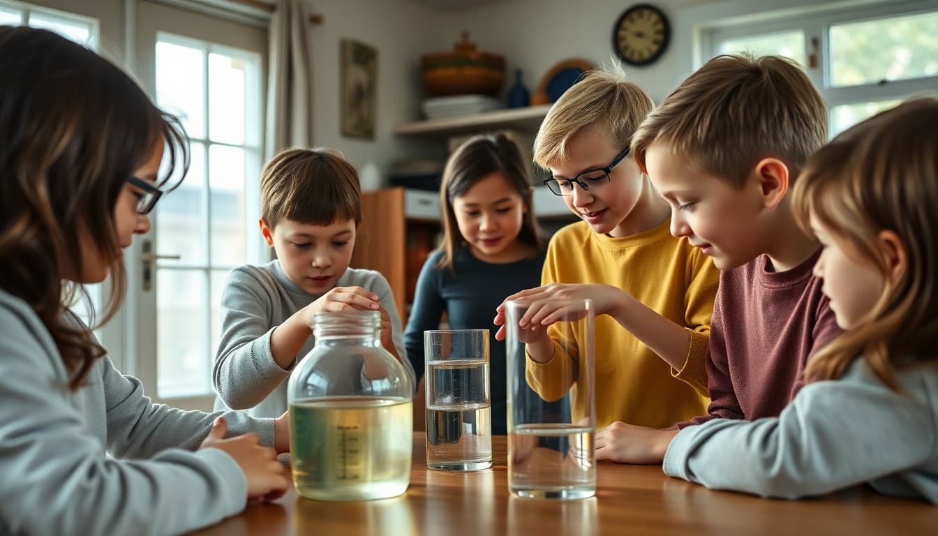 Secular homeschool group engaged in a hands-on science experiment together in a home or community space