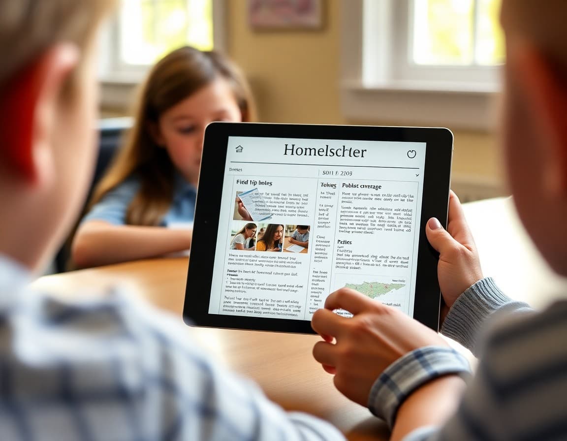 Tennessee homeschool newsletter on a tablet showing subject coverage documentation and field trip notes