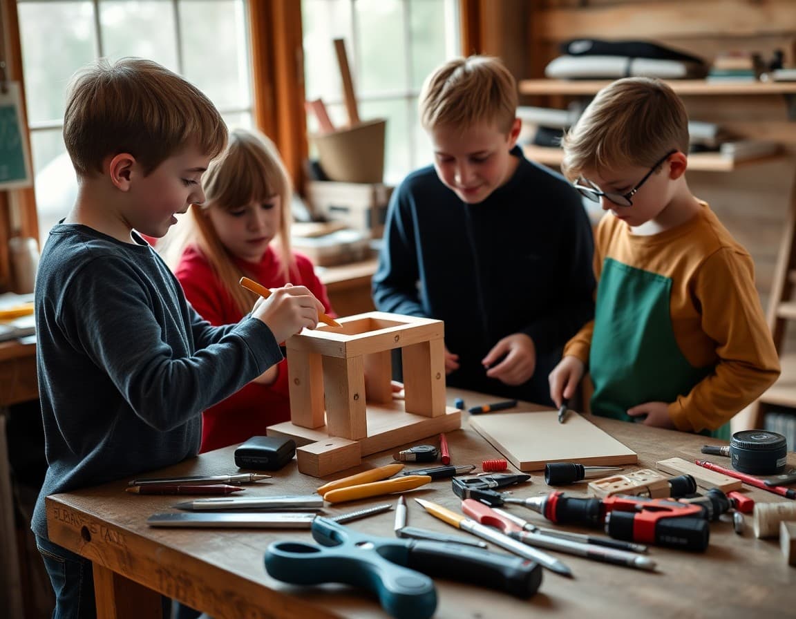 Unschooling children building a project at home with tools and materials spread out on a workbench