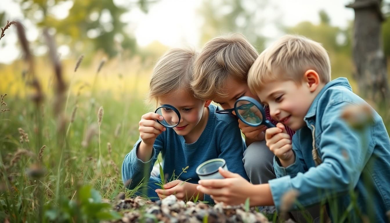 Unschooling family exploring natural science together in an outdoor field setting with magnifying glasses