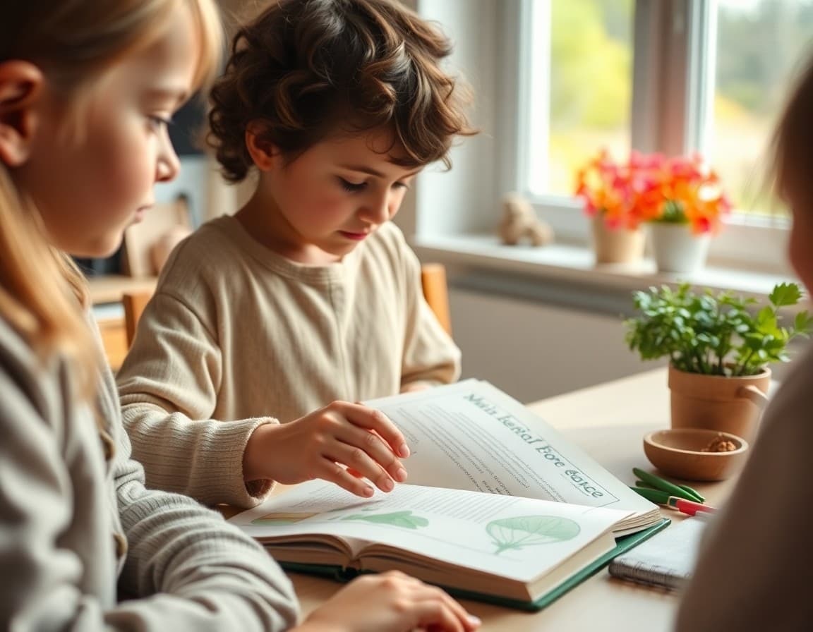 Waldorf homeschool main lesson book and seasonal nature table visible in soft home learning setting