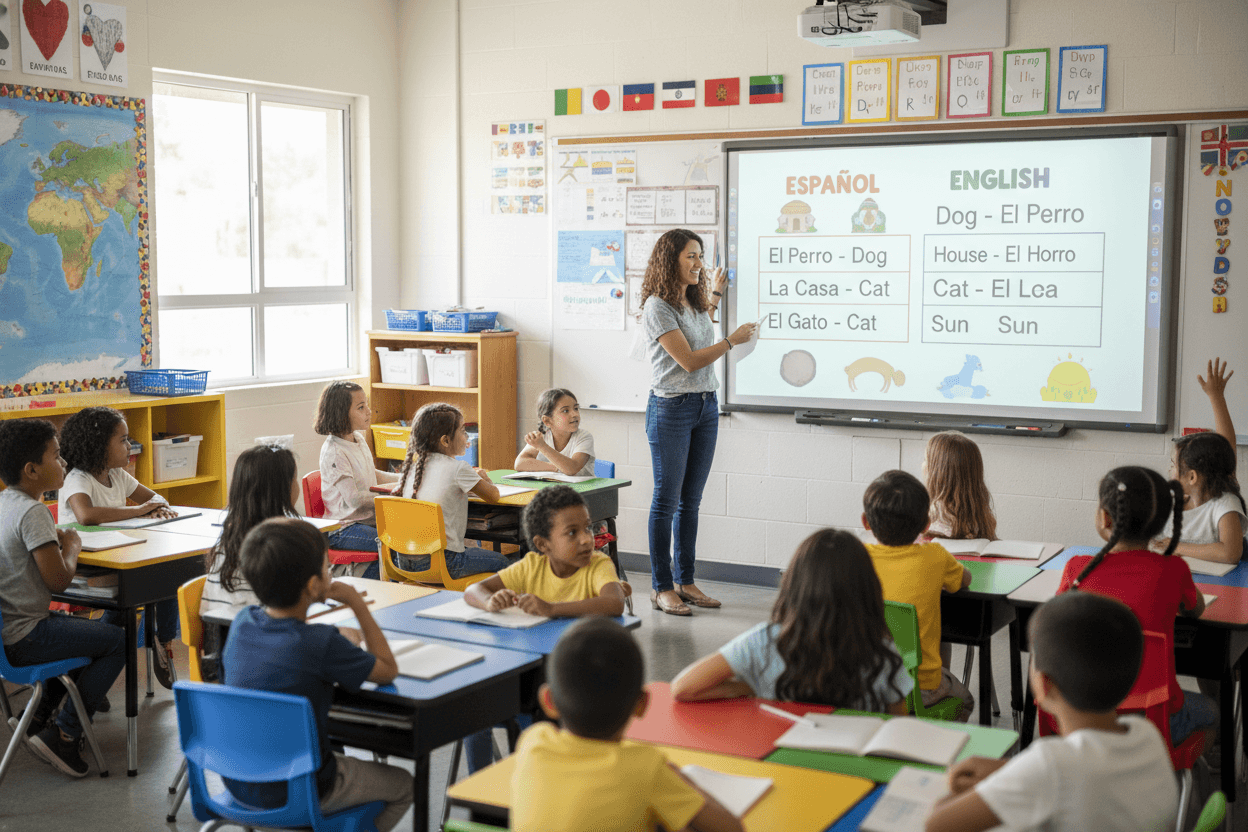 A bilingual school newsletter open on a desk showing content in English and Spanish side by side