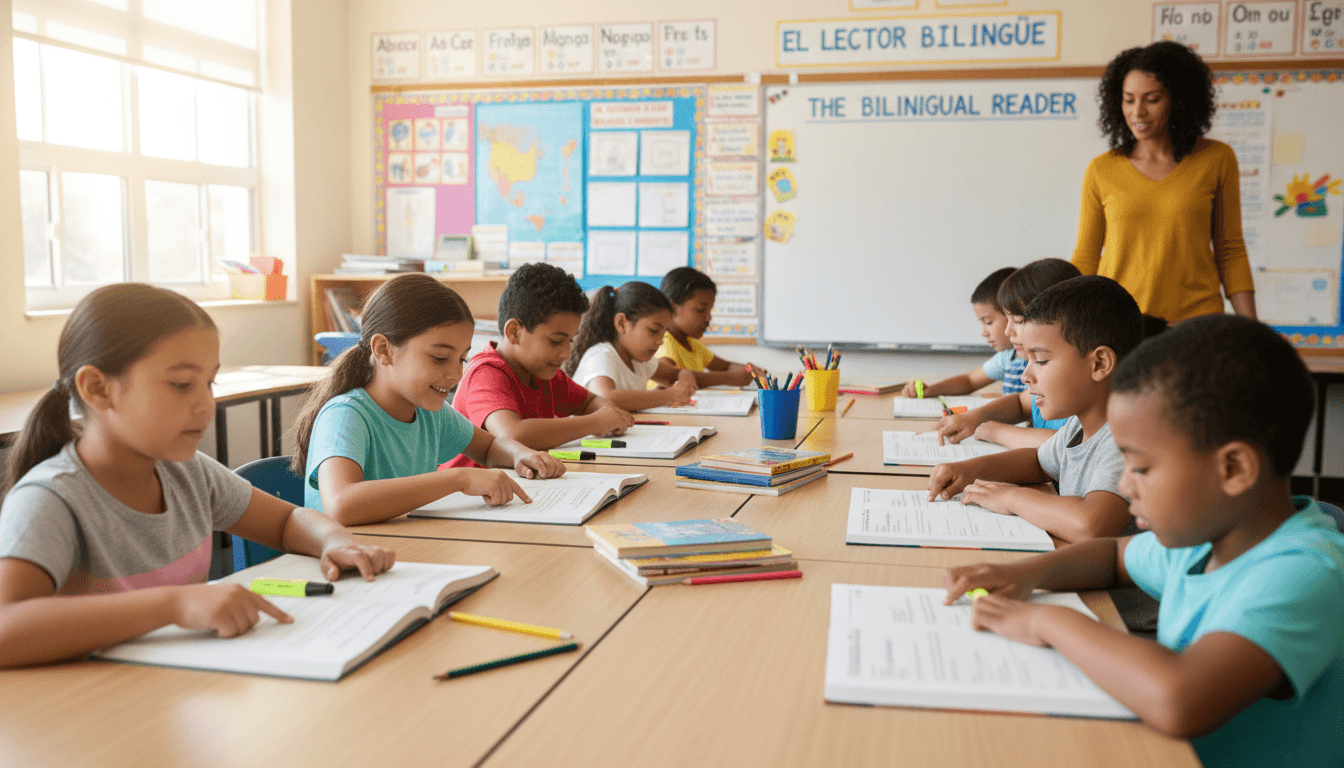 Young students in a dual language classroom reading books in two languages, with bilingual labels on classroom shelves