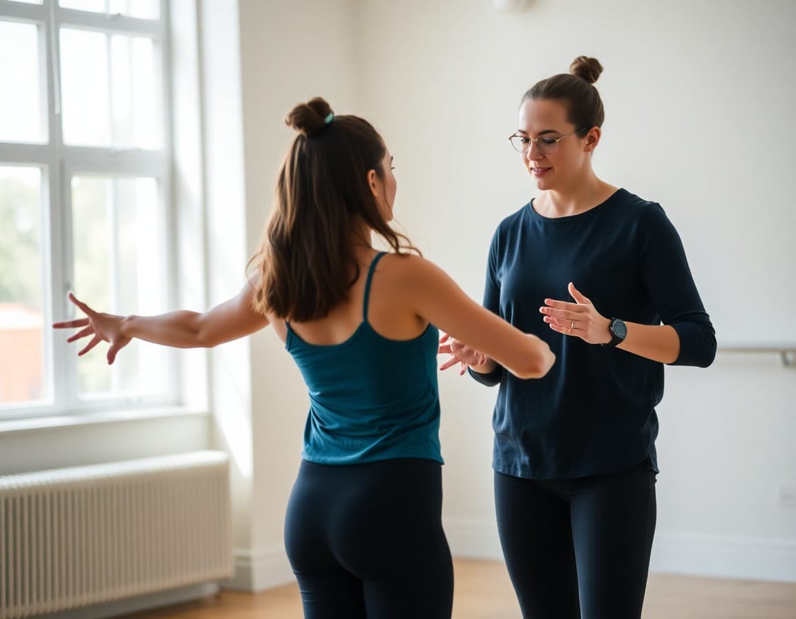 IB dance teacher giving feedback to a student during a choreography rehearsal session