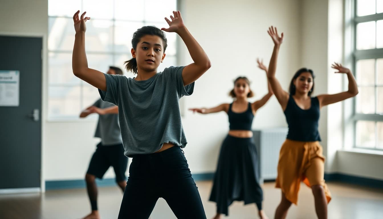 IB dance students rehearsing original choreography for a school performance showing