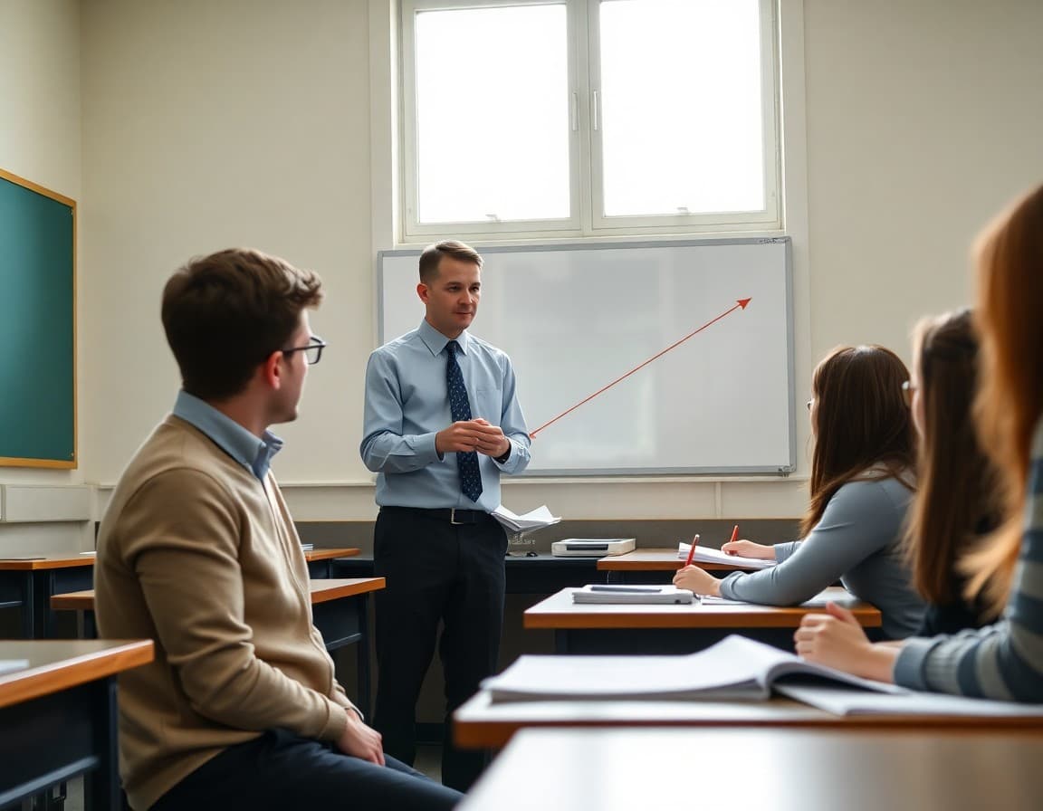 IB economics teacher explaining supply and demand curves to engaged students