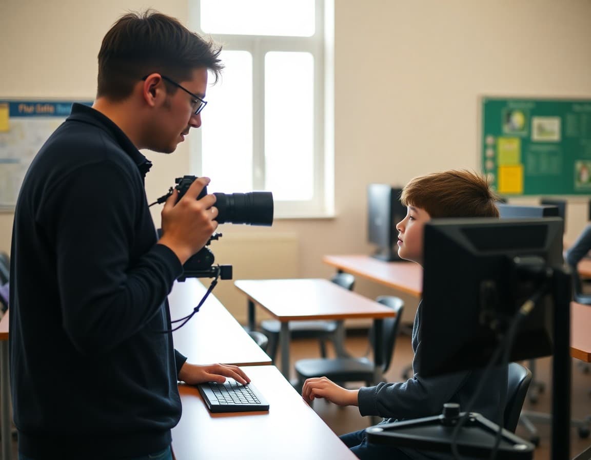 IB Film student reviewing cinematography footage on editing station with teacher