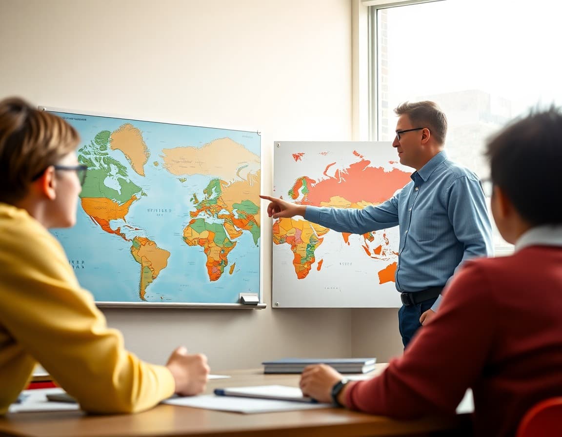 IB global politics teacher pointing to a world map during a current events discussion