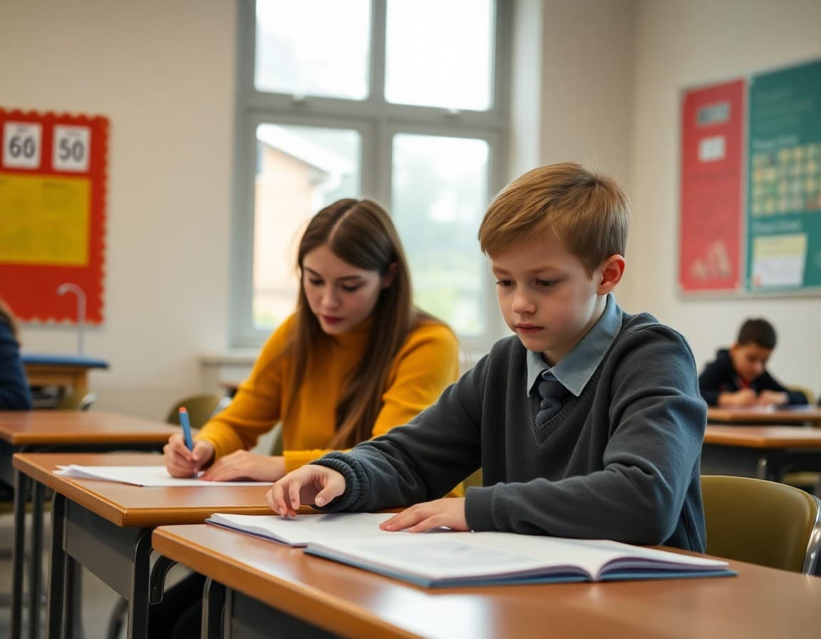IB language B teacher reviewing written work with a student at a classroom desk
