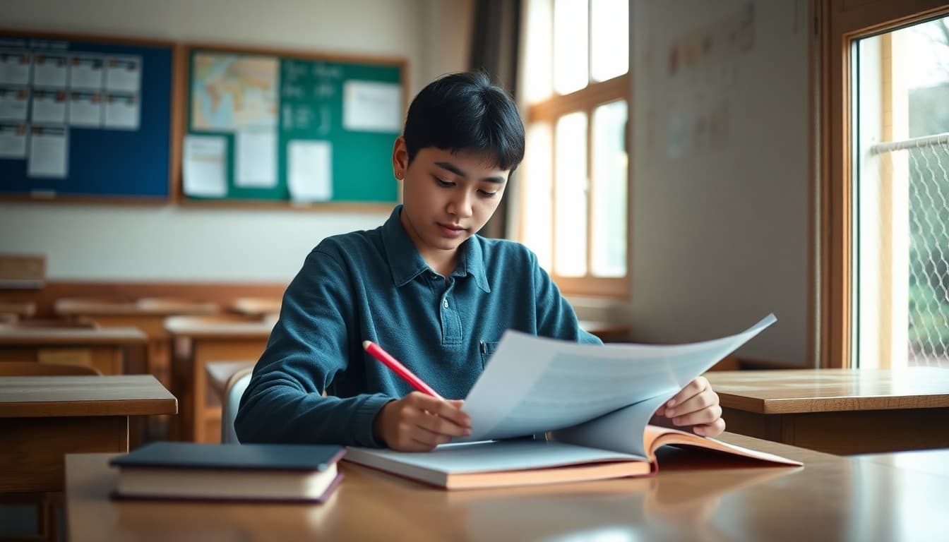 IB student working on mother tongue language self-study project with family texts