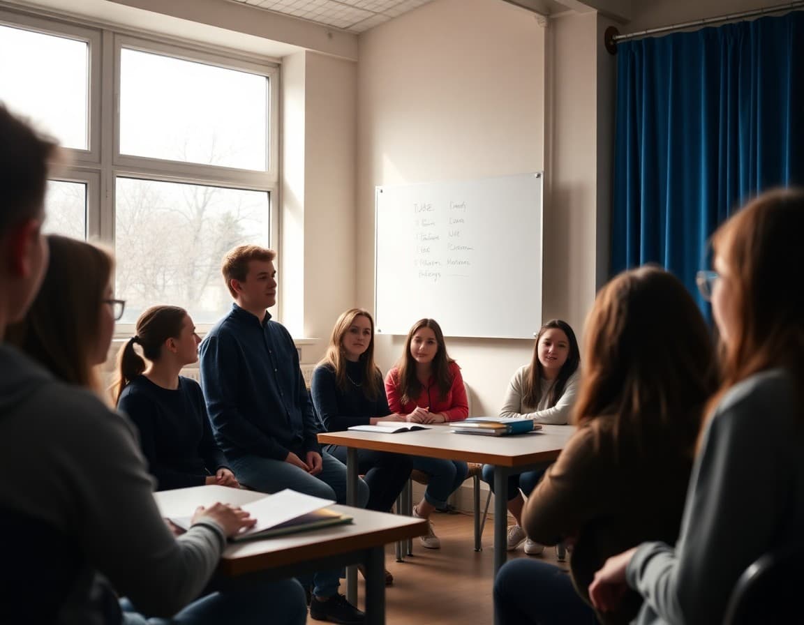 IB theatre teacher leading a workshop on Brechtian performance techniques with students