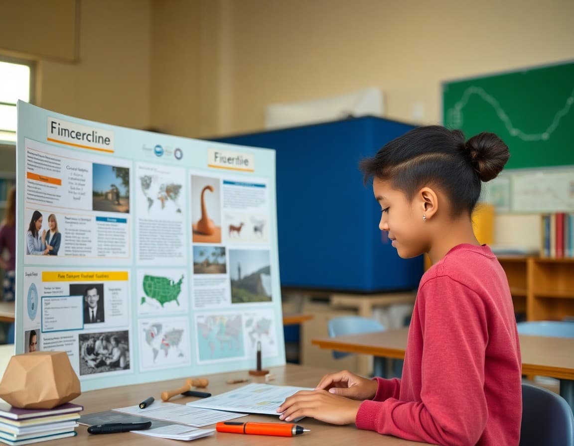 IB TOK student preparing exhibition display connecting knowledge claims to real objects