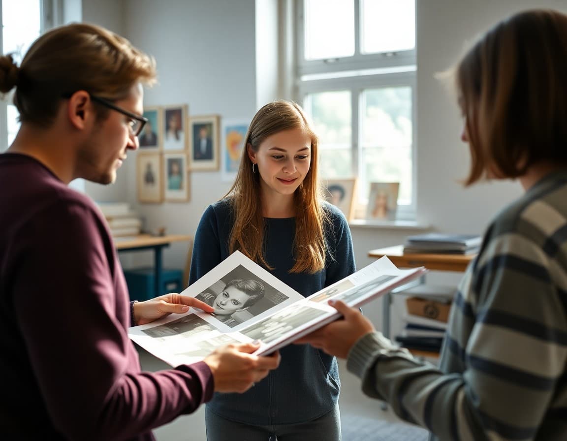 IB visual arts teacher reviewing student portfolio pages with a student in the studio