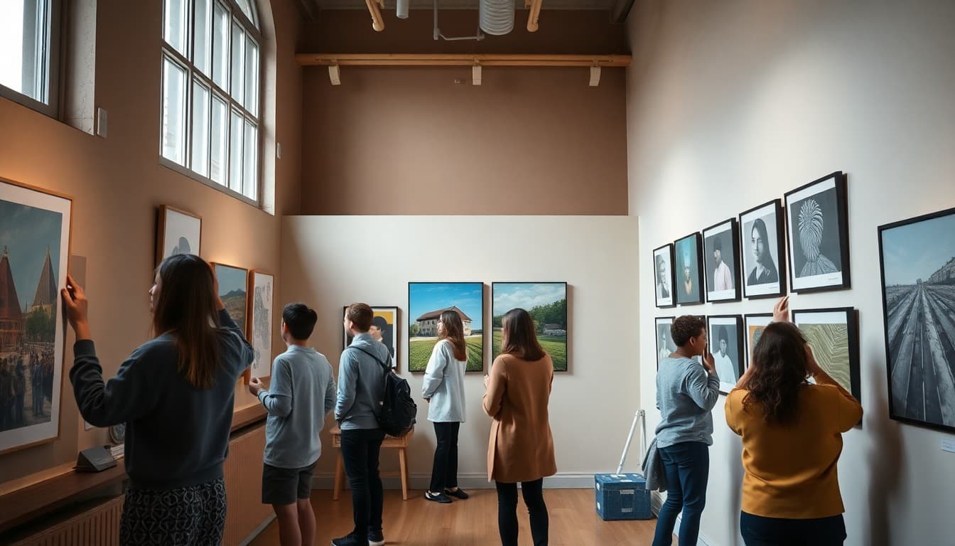 IB visual arts students installing their artwork for a school exhibition showing