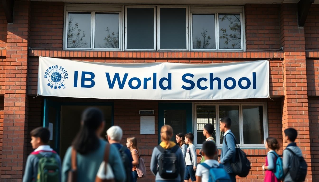 IB World School banner displayed on school building during authorization visit