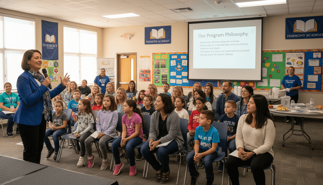 New magnet school families gathered at an outdoor orientation event, students and parents reviewing welcome materials together