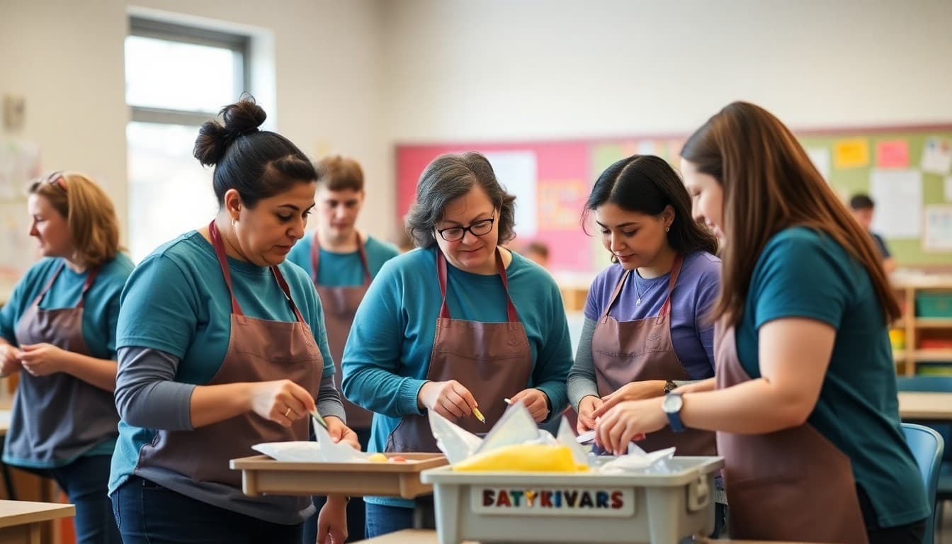 Magnet school parent volunteers organizing a school fundraiser event together
