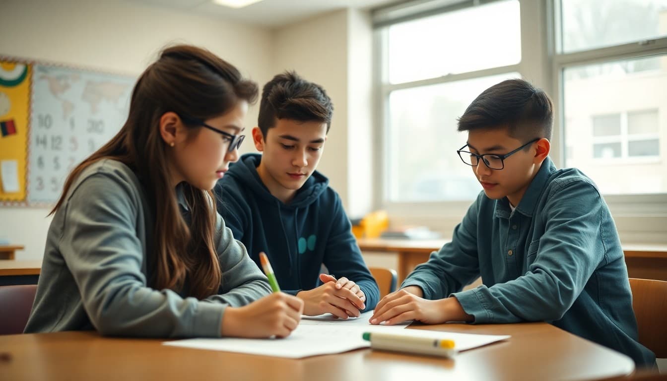 Math magnet students working on advanced mathematics competition problem set together