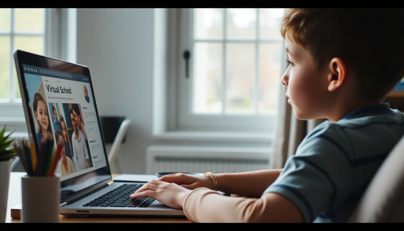 Student engaged in online learning at home with virtual school newsletter visible on screen