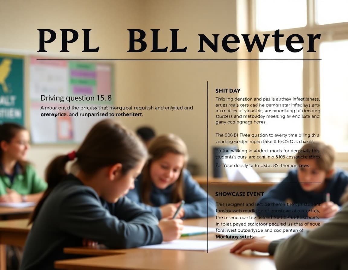 PBL school newsletter showing driving question, student investigation process, and showcase event date