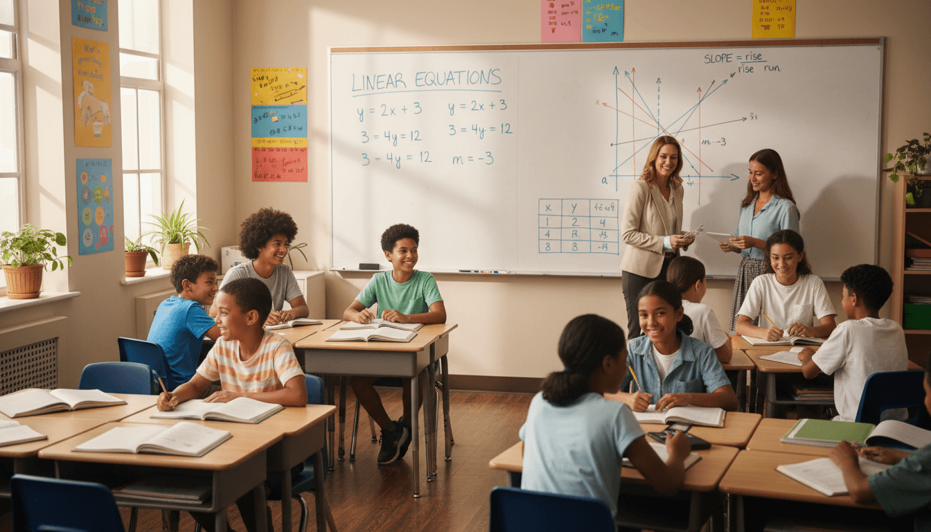 An eighth grade math classroom with linear equations and slope diagrams on the whiteboard