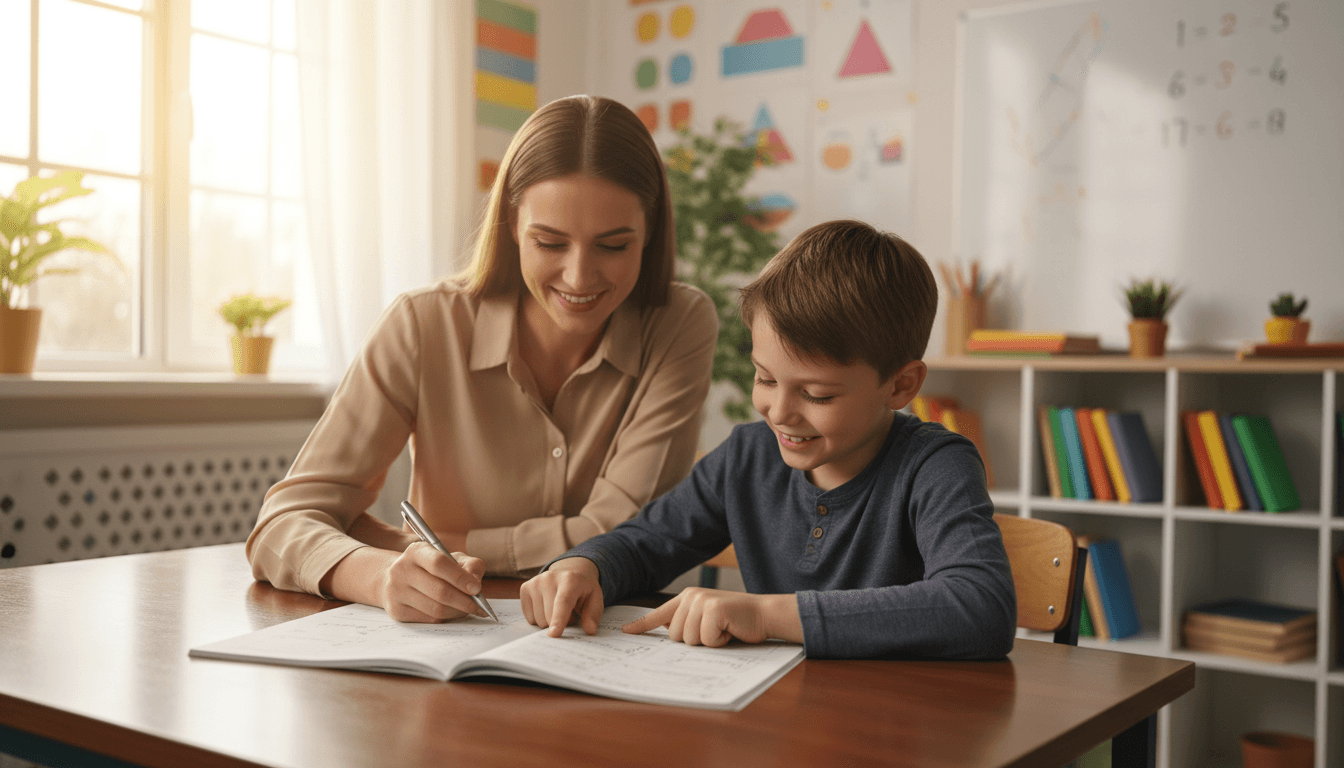 A teacher sitting beside a smiling student reviewing the final page of an end-of-unit math packet