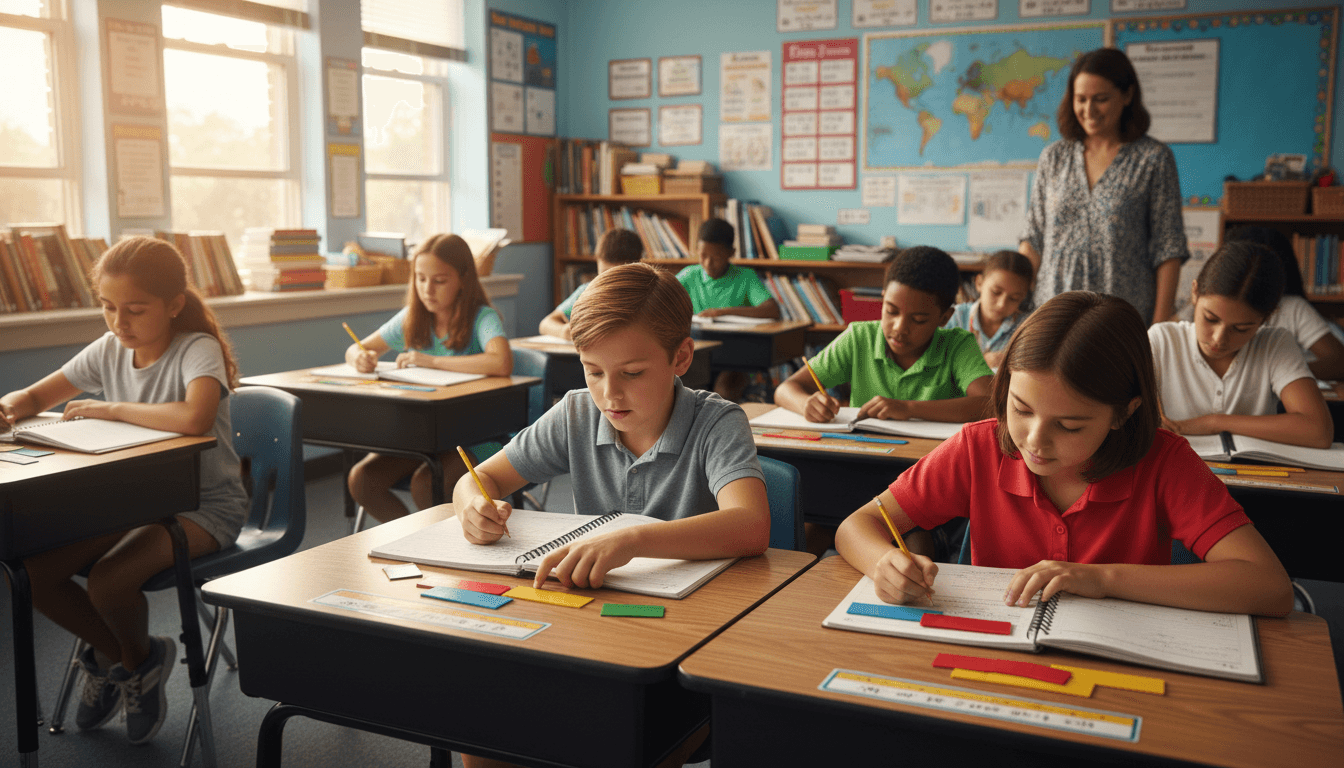 Fourth grade students working in pairs with fraction strips and a math journal on their desks