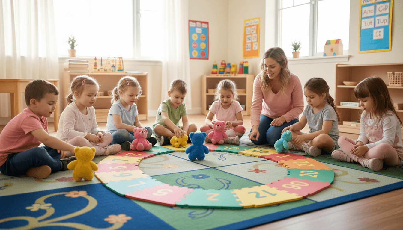 A kindergarten classroom with counting bears and a giant number line on the floor while children sit on the carpet