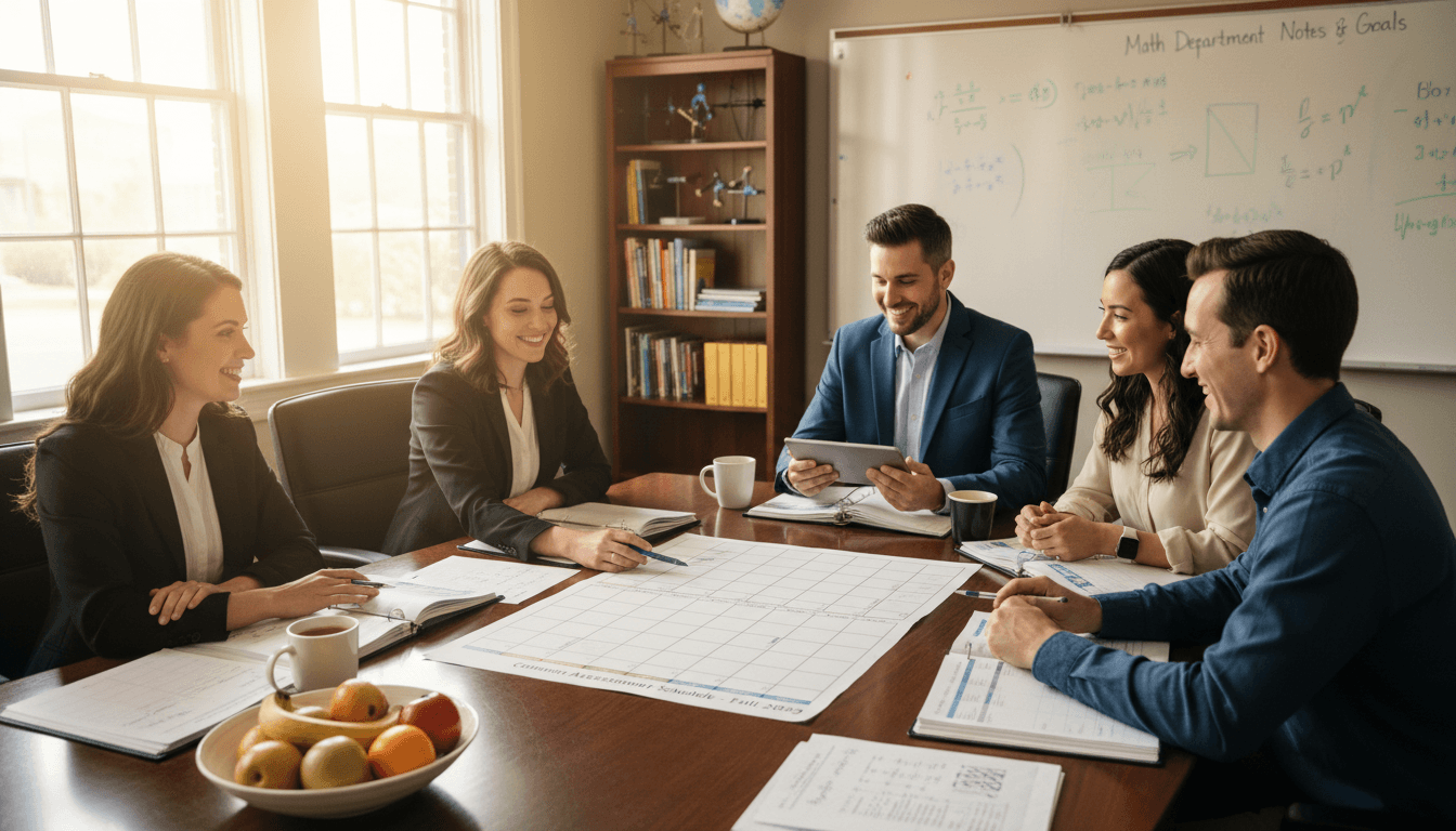 A group of math teachers gathered around a conference table reviewing a common assessment calendar and department notes