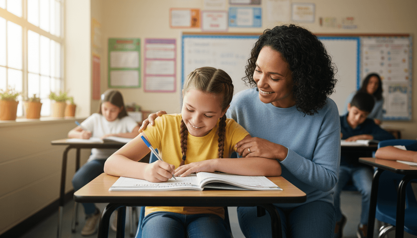 A fourth grade student writing in a Eureka Math student workbook with a parent looking on