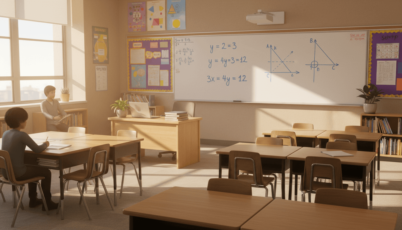 A high school algebra classroom with linear equations and slope diagrams on the whiteboard in warm light