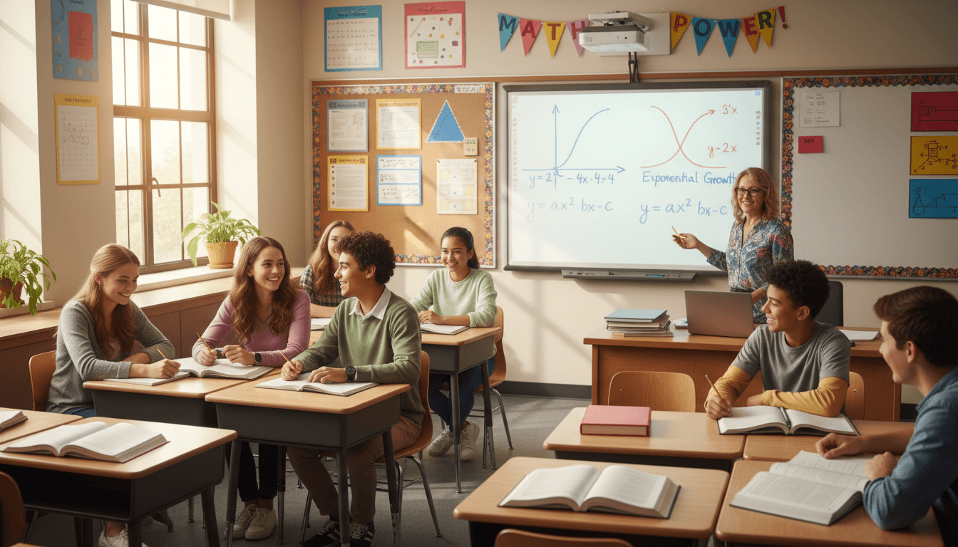 An advanced algebra classroom with quadratic and exponential graphs on the whiteboard