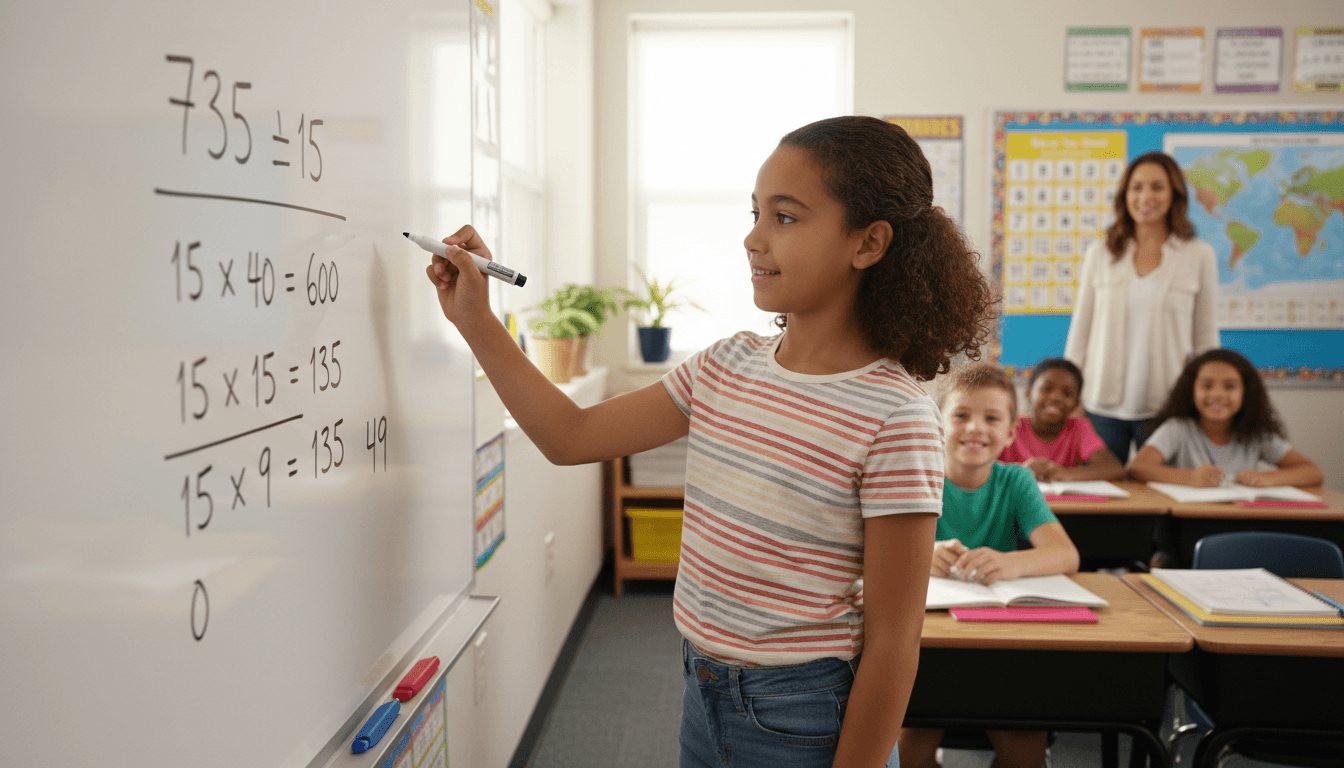 A fourth grade student standing at the whiteboard solving a long division problem with partial quotients