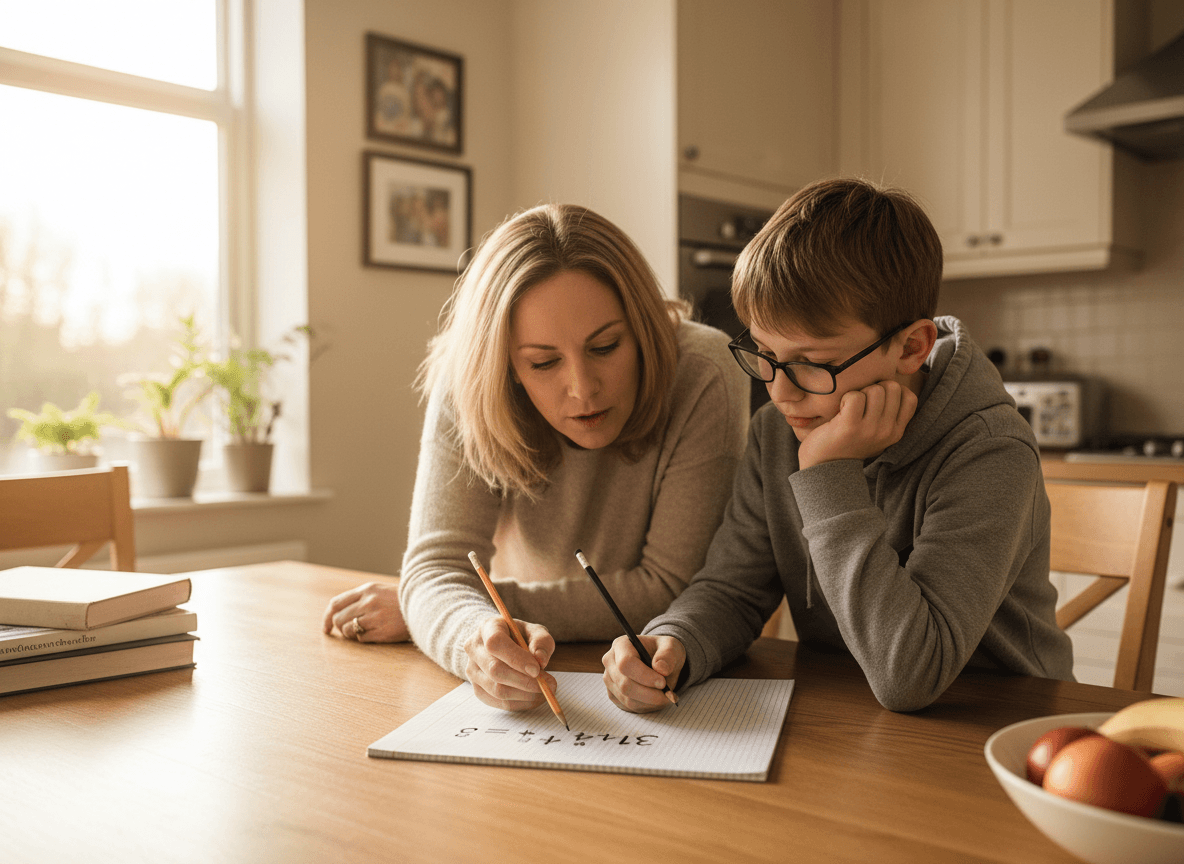 A parent and eighth grader working through an exponent expression on lined paper at a kitchen table