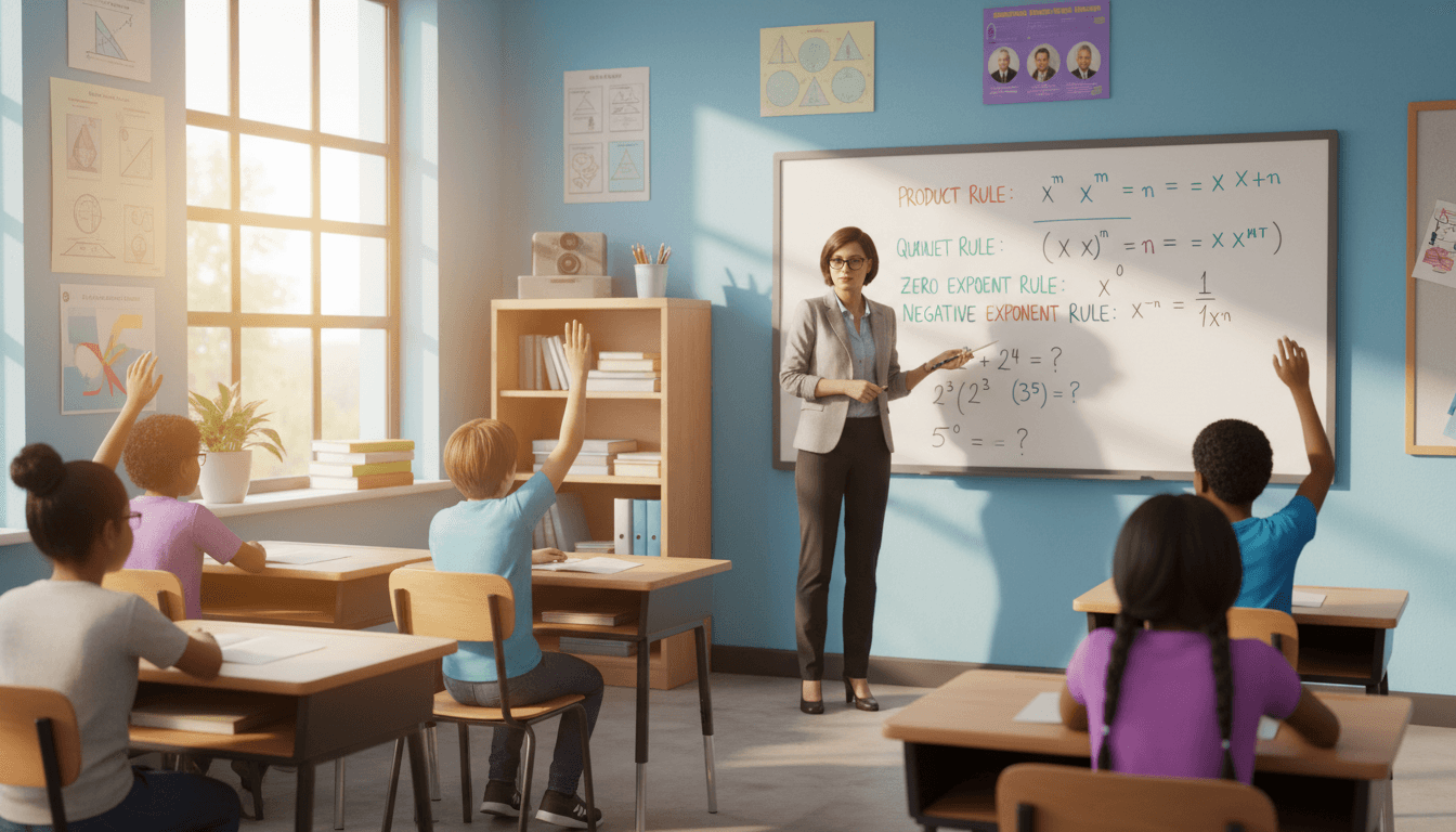 An eighth grade algebra classroom with exponent rules written across the whiteboard during a math lesson
