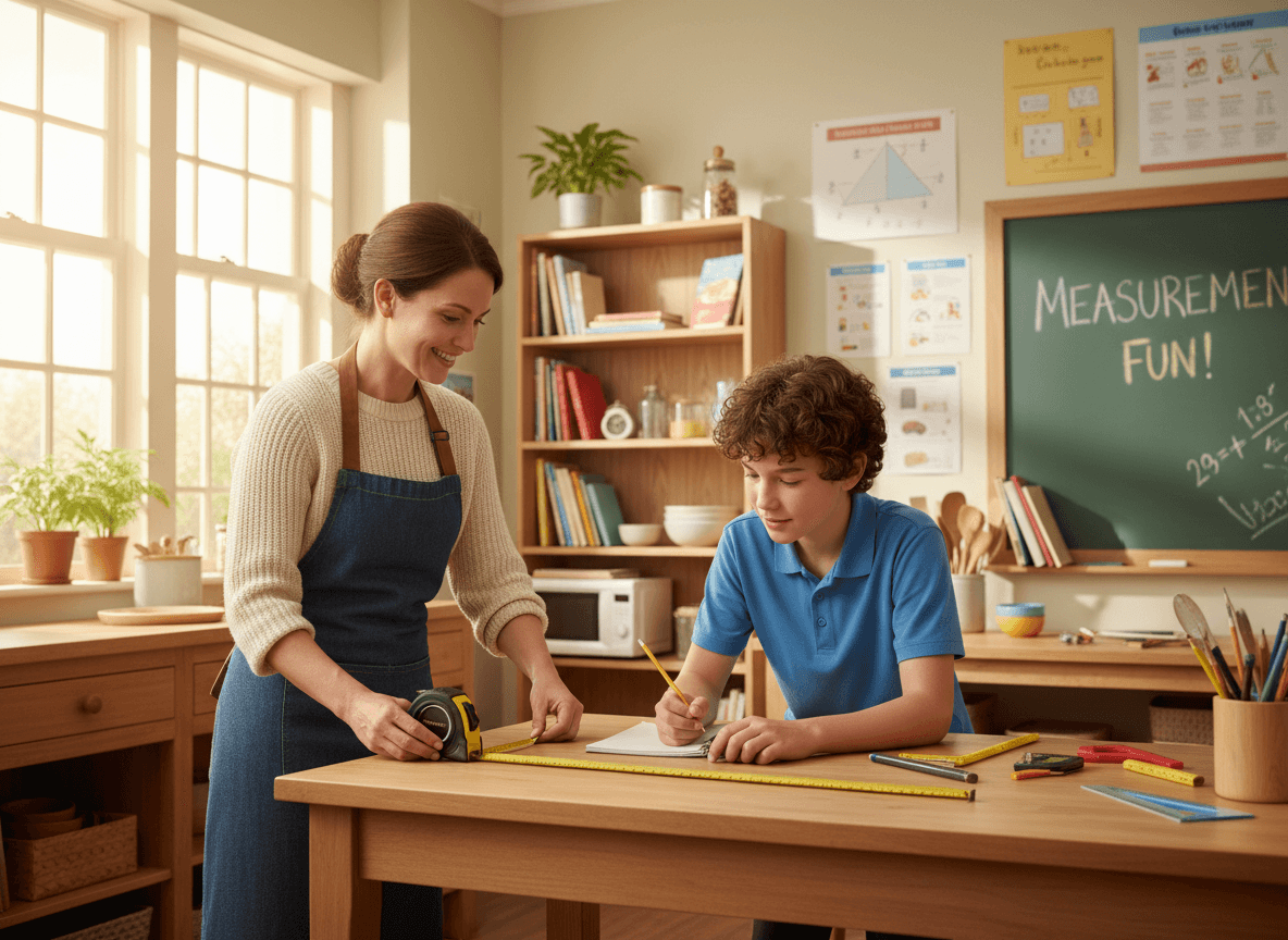 A parent and a middle schooler measuring the dimensions of a kitchen table with a tape measure