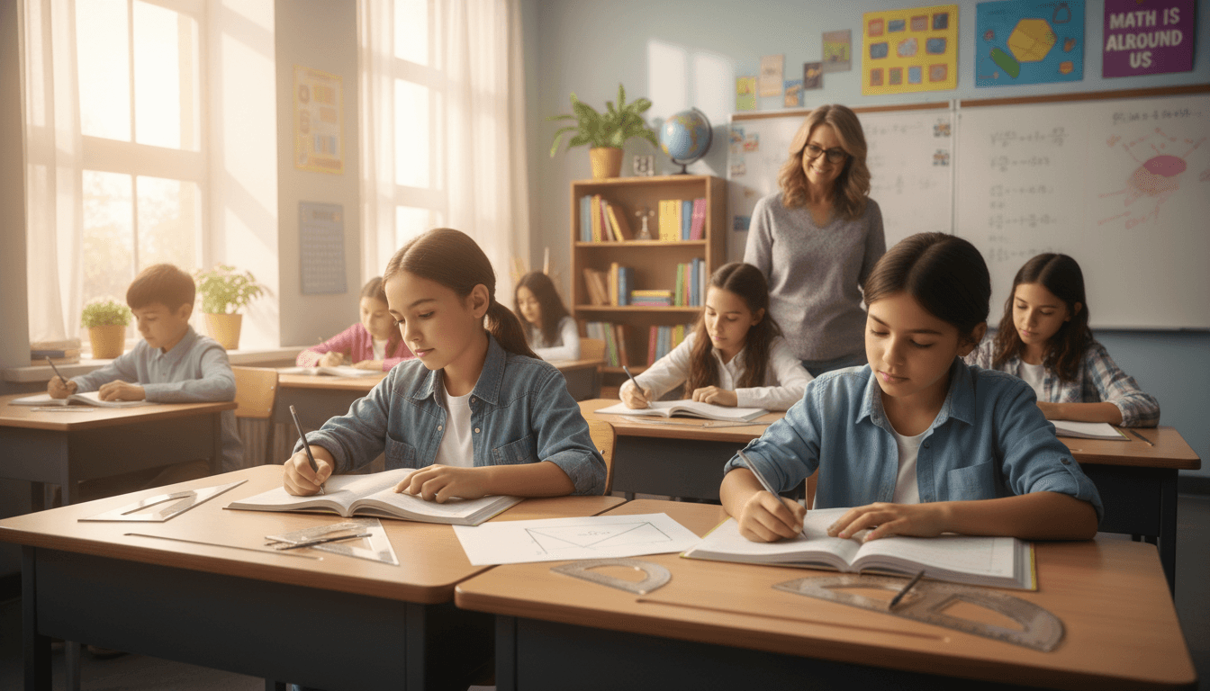 A middle school geometry classroom with rulers, protractors, and angle diagrams on student desks