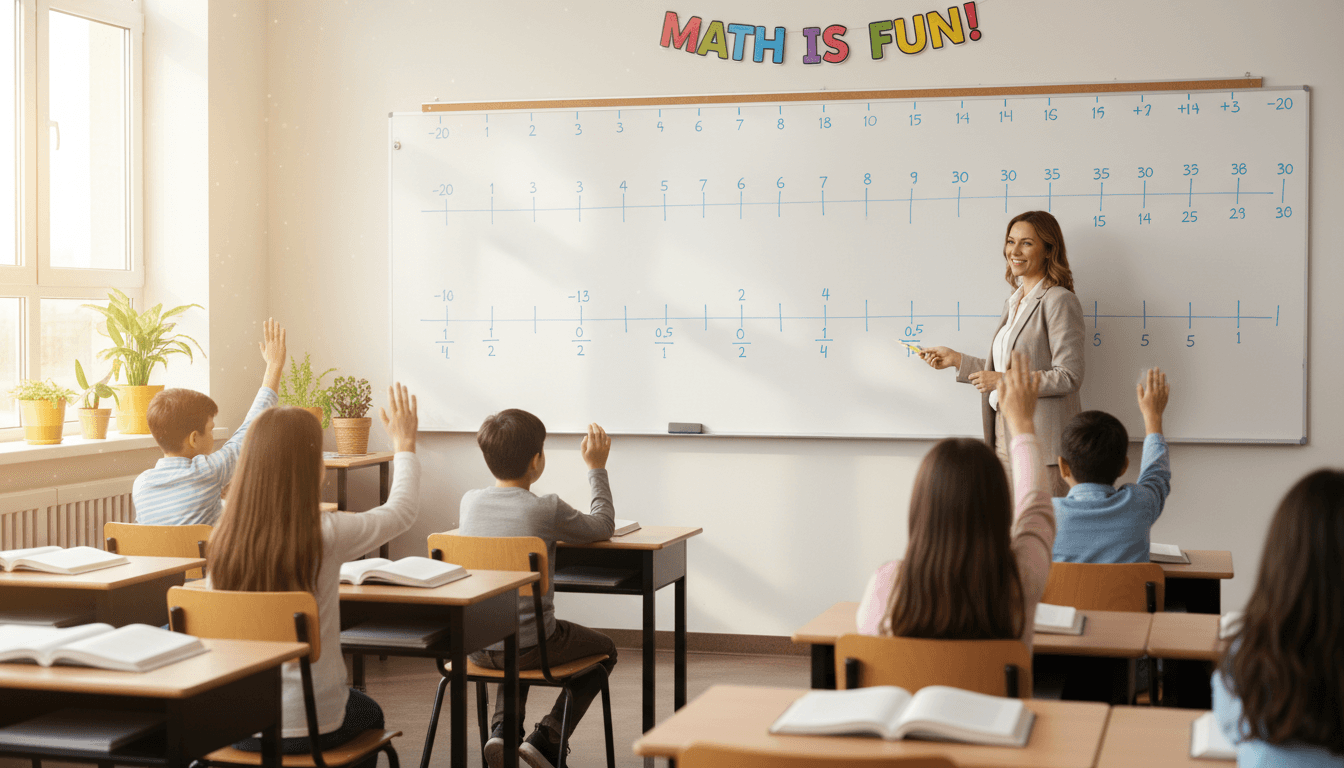 A seventh grade classroom with long number lines stretched across the whiteboard showing positive and negative integers