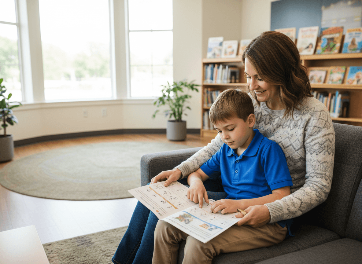 A parent sitting with a child on the couch, looking at a math worksheet with a calm posture